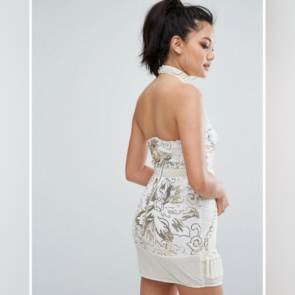 PrettyLittleThing Charlyia White Halterneck Sequin Tassel Bodycon Dress - Picture 9 of 10